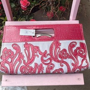 FAUX PINK SNAKESKIN AND LINEN LARGE CLUTCH